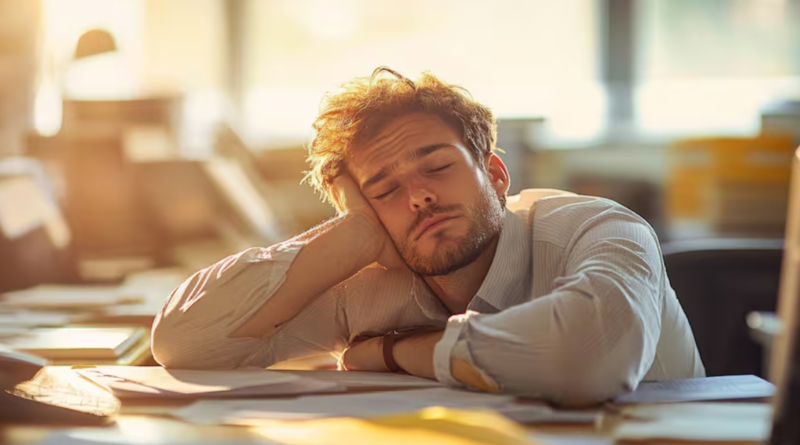 hombre cansado en escritorio