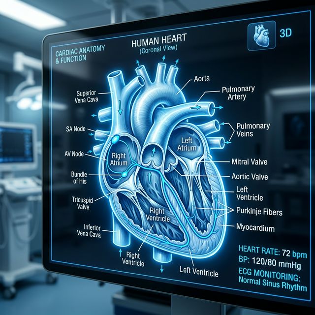 Ilustración detallada de un corazón humano en pantalla digital